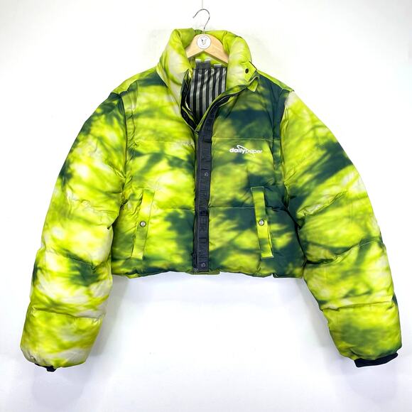 Daily Paper Down Puffer Jacket / Vest Green Tie Dye Womens XL Cropped Streetwear - Picture 1 of 16
